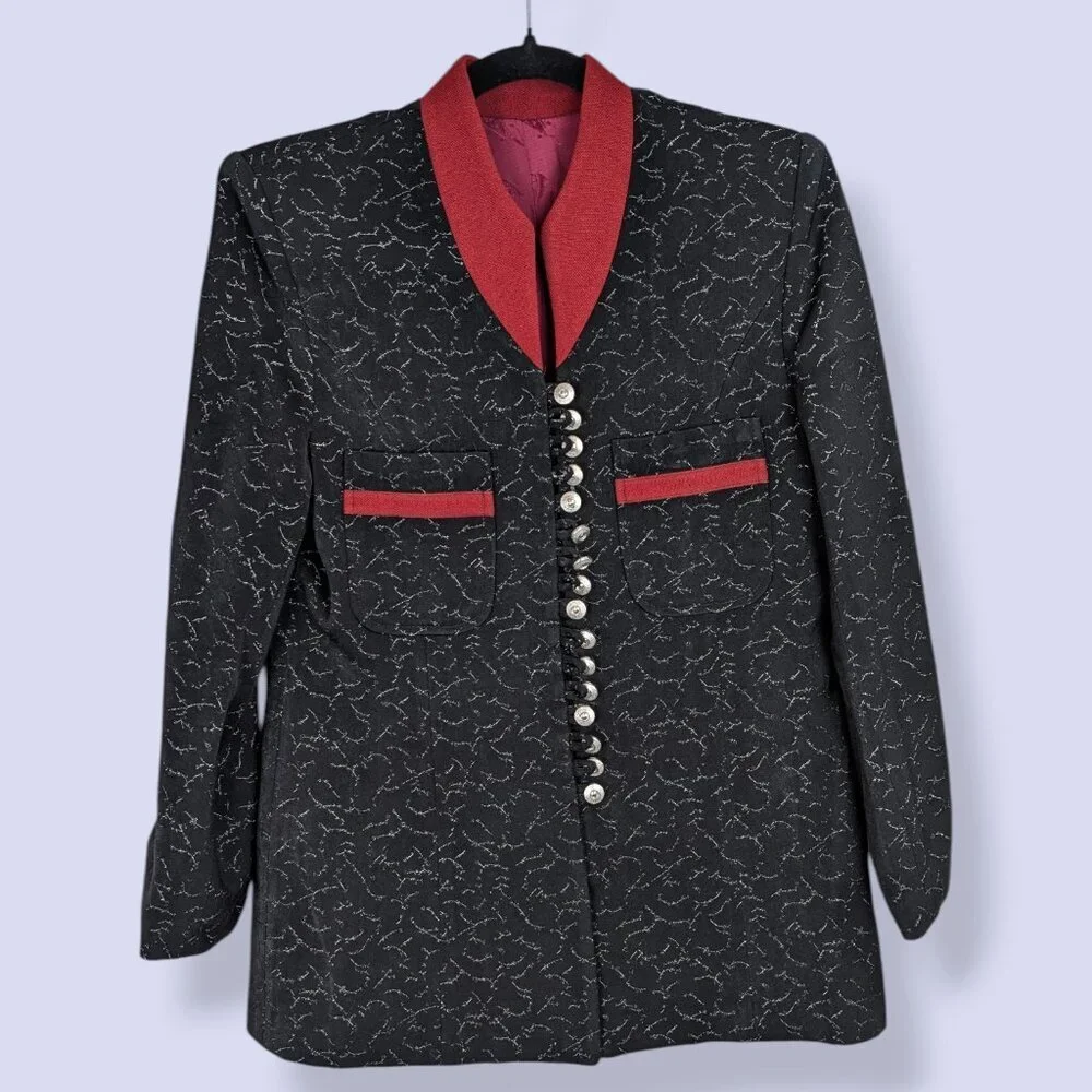 Black & Red Metallic Buttoned Jacket - Picture 8 of 9
